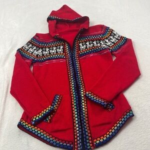 Andean Treasures Alpaca Wool Full Zip Cardigan XS, S Red Multi Color‎ Hooded